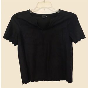 Express Black Velvet Scalloped Short Sleeve Shirt